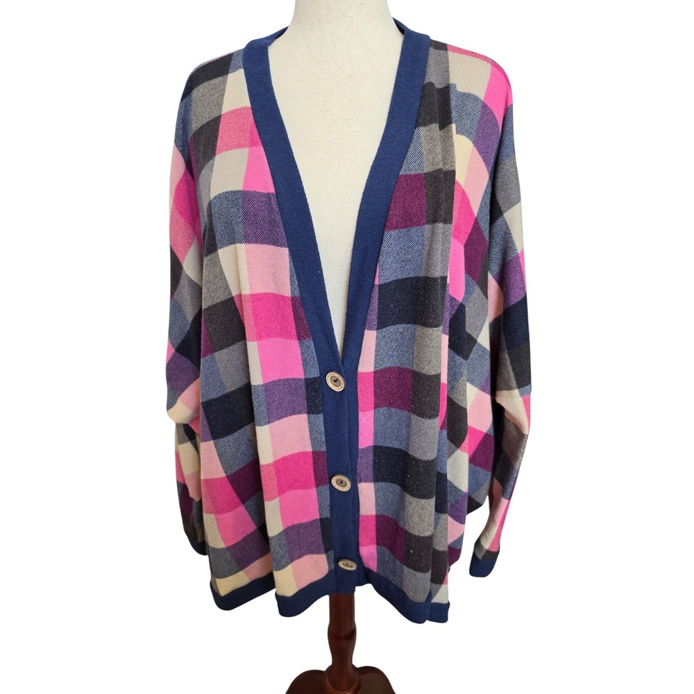 e.Luna Womens Plus 3X Pink Navy Plaid Button Front Cardigan Sweater Oversized